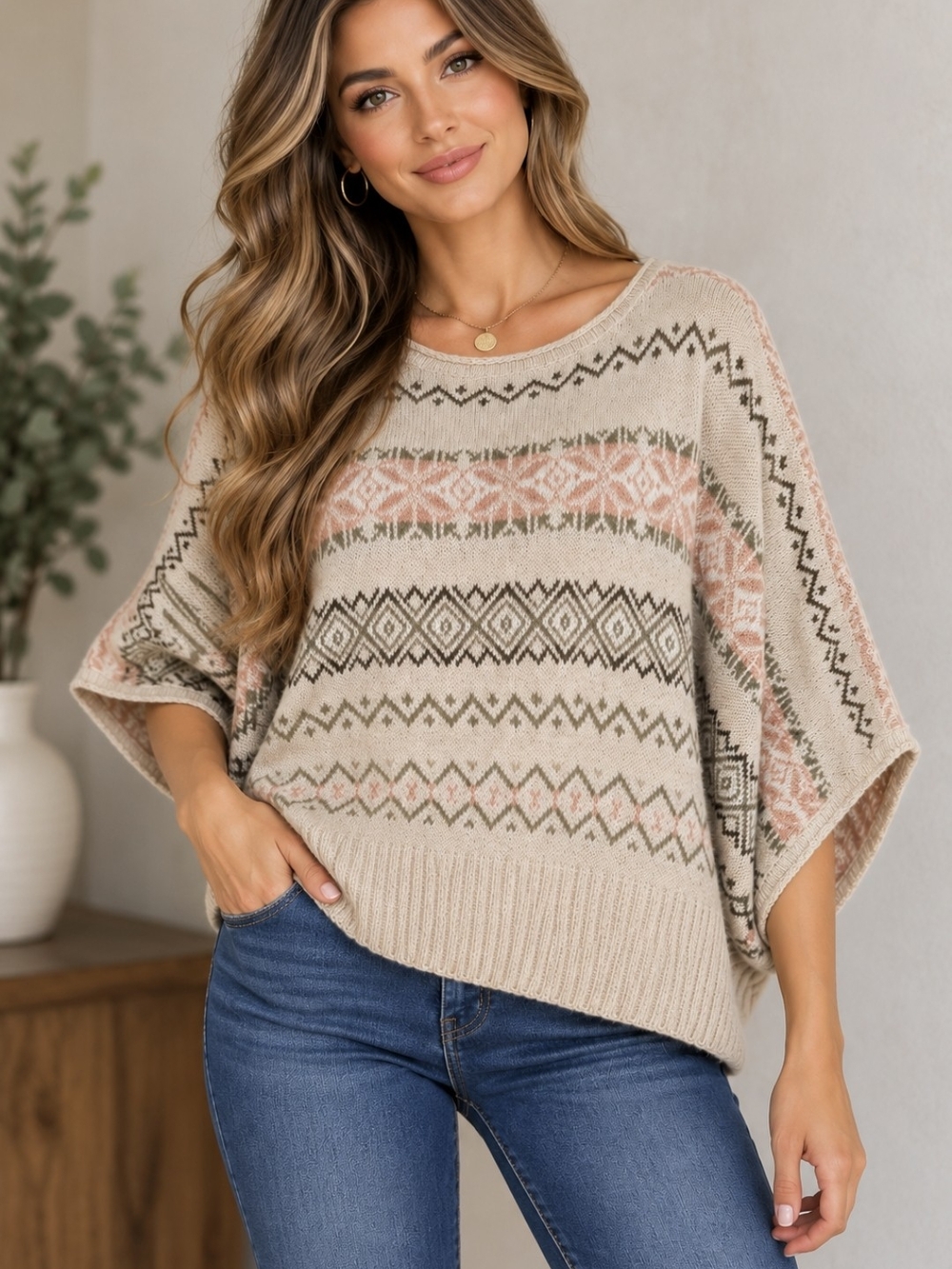 Sweater Project Women’s Large Fair Isle Knit Poncho Top Beige Pink Gray Geometri
